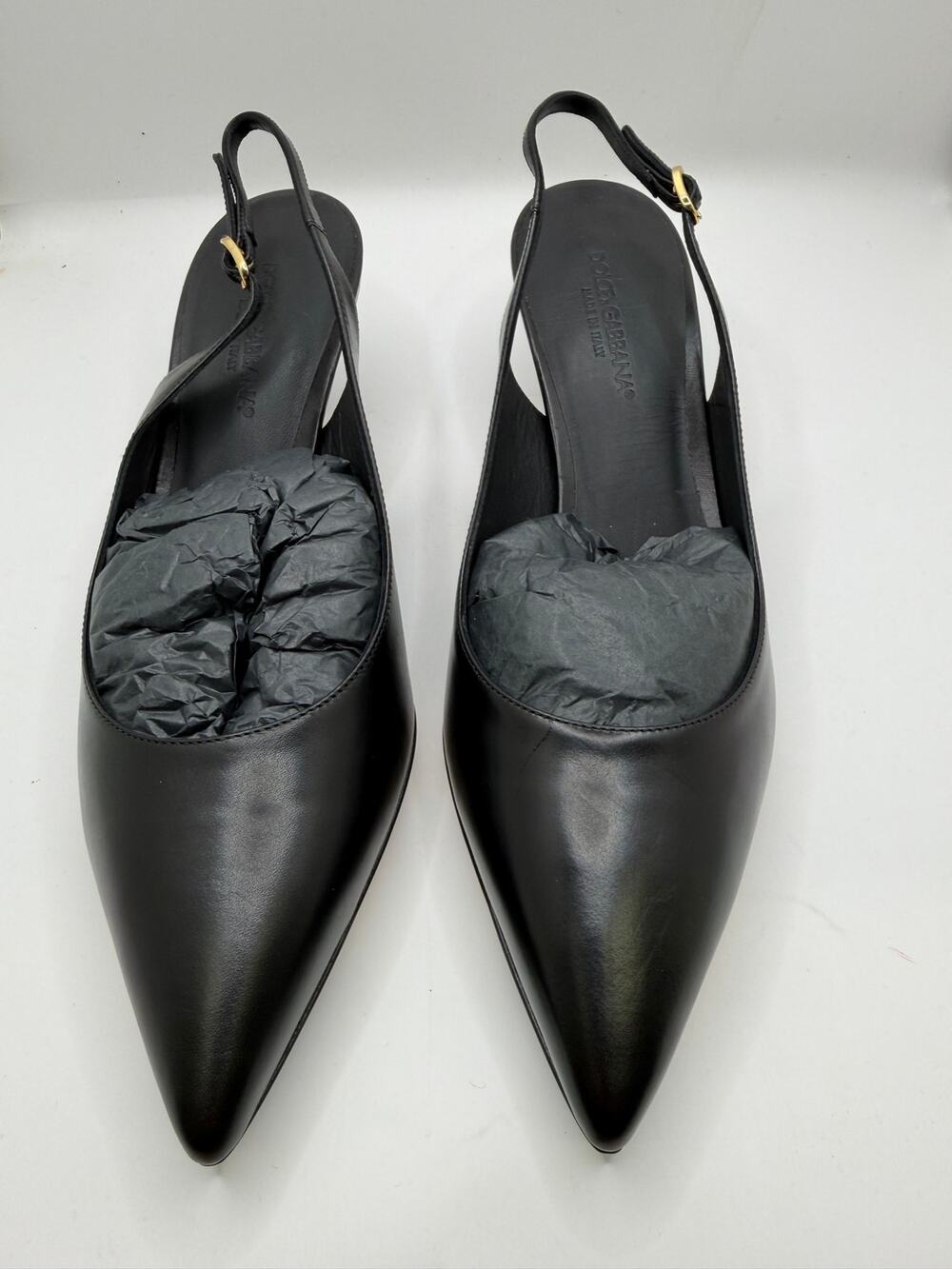 Dolce & Gabbana Black Leather Pointed Toe Kitten Heel Slingback Pumps 37 Luxury